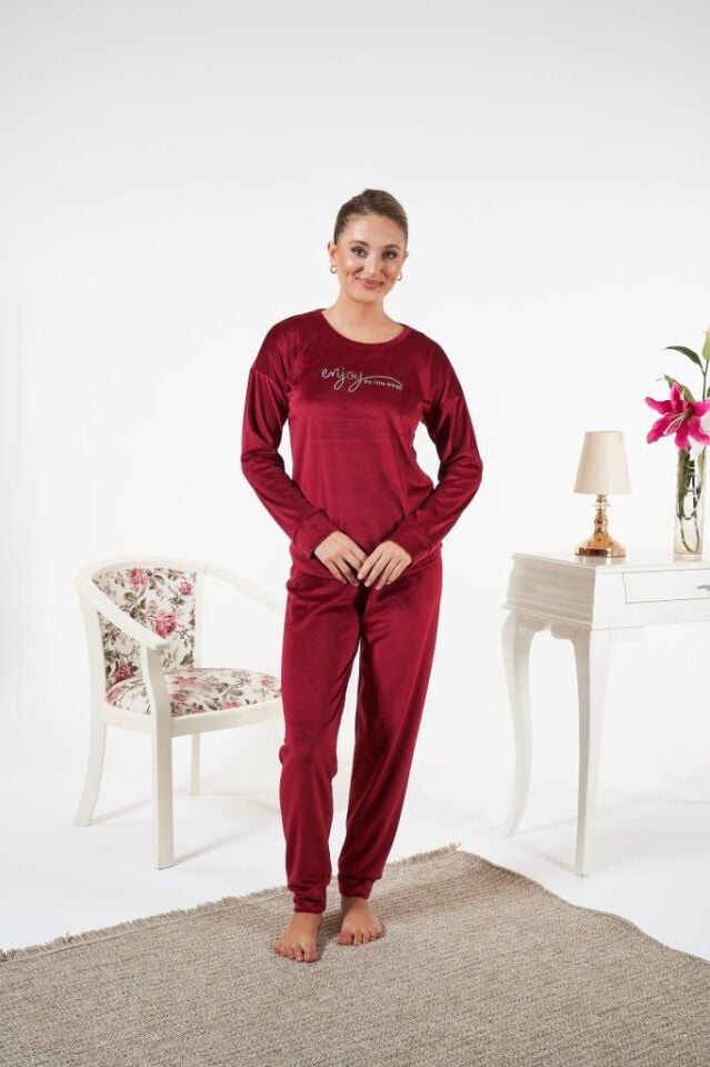 Kadın Kışlık Kadife Pijama Takımı M - Bordo