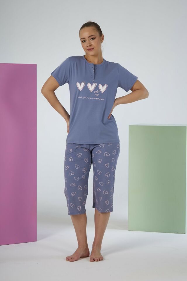 Kadın Yazlık Kalp Desenli Kısa Kollu Kaprili Penye Lycra Pijama Takımı L - Gri