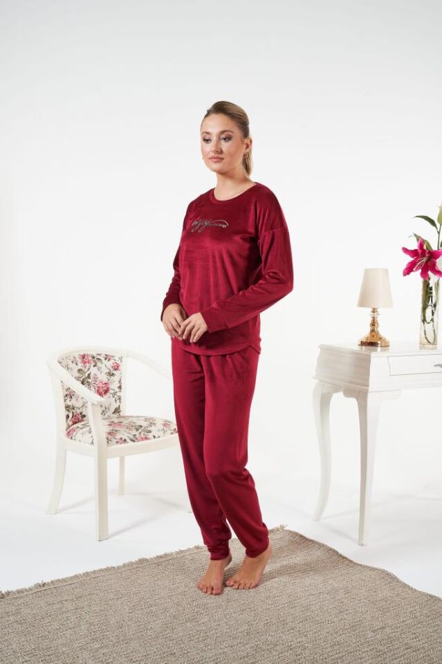 Kadın Kışlık Kadife Pijama Takımı L - Bordo