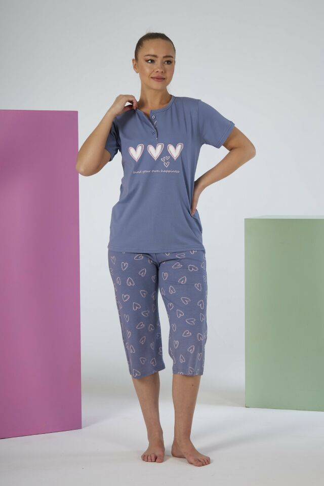 Kadın Yazlık Kalp Desenli Kısa Kollu Kaprili Penye Lycra Pijama Takımı XL - Gri