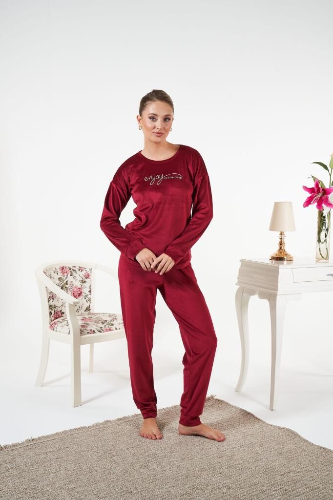 Kadın Kışlık Kadife Pijama Takımı XL - Bordo