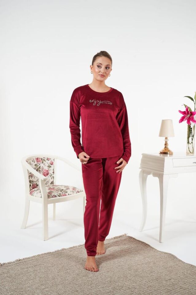 Kadın Kışlık Kadife Pijama Takımı XL - Bordo
