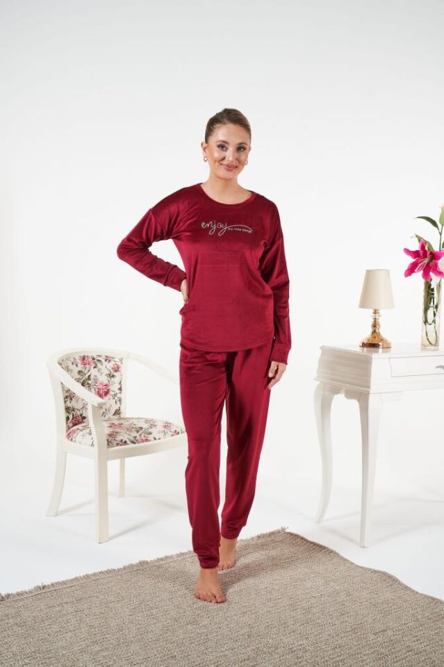 Kadın Kışlık Kadife Pijama Takımı XL - Bordo