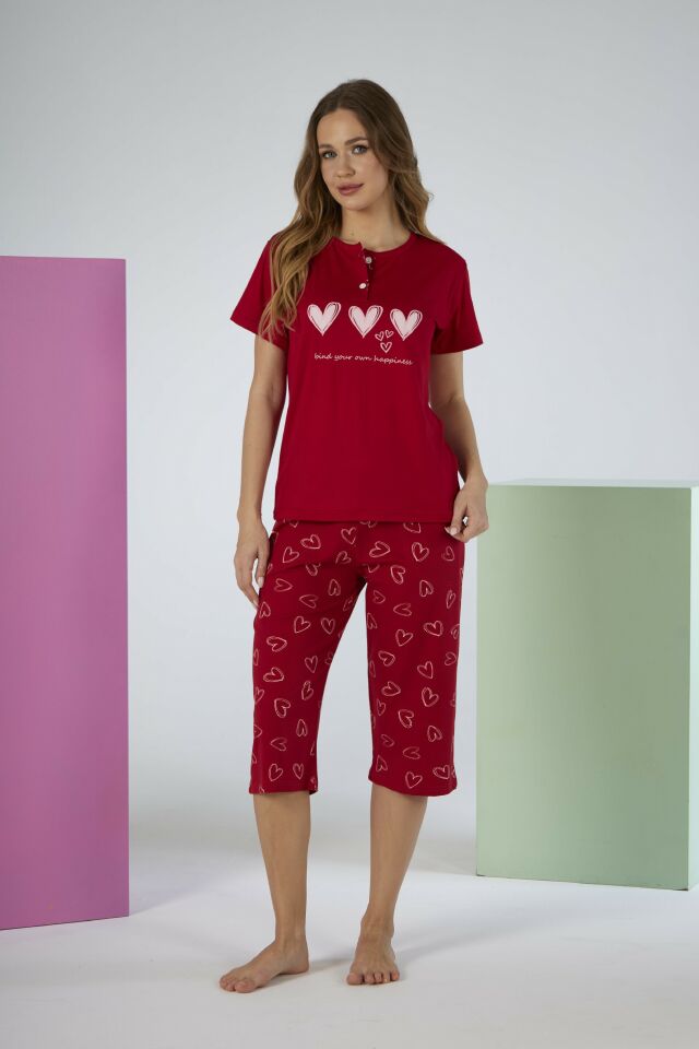 Kadın Yazlık Kalp Desenli Kısa Kollu Kaprili Penye Lycra Pijama Takımı M - Kırmızı