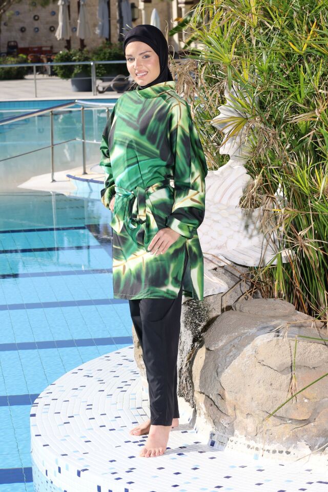 Estiva Emerald Flow Tam Kapalı Pantolonlu Kuşak Detaylı Tesettür Mayo