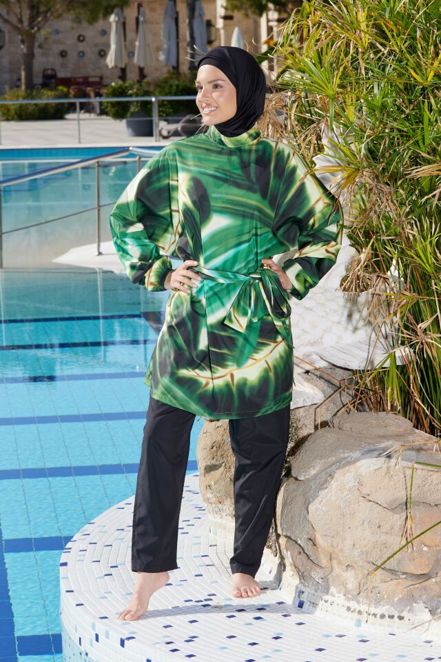 Estiva Emerald Flow Tam Kapalı Pantolonlu Kuşak Detaylı Tesettür Mayo