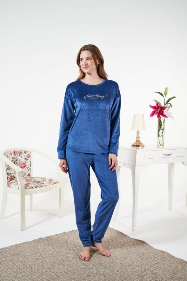 Kadın Kışlık Kadife Pijama Takımı L - İNDİGO