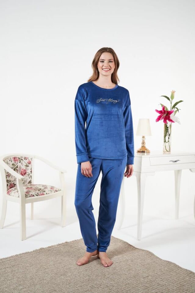 Kadın Kışlık Kadife Pijama Takımı L - İNDİGO
