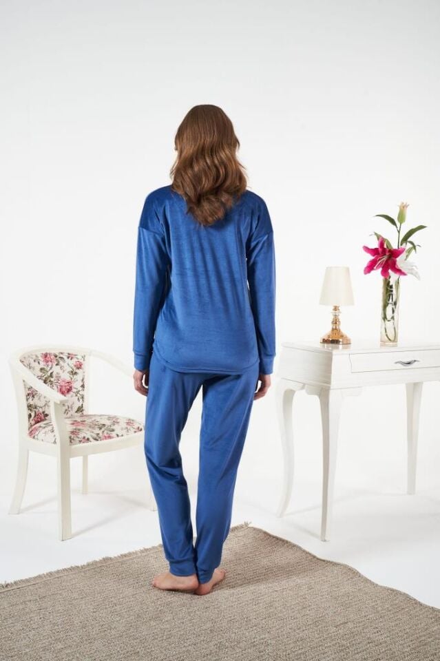 Kadın Kışlık Kadife Pijama Takımı L - İNDİGO