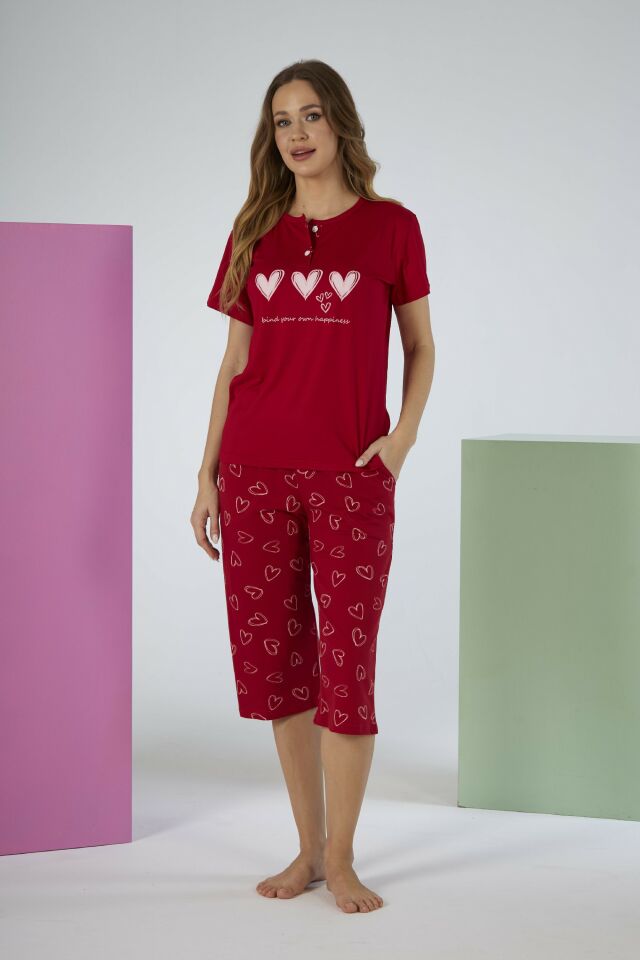 Kadın Yazlık Kalp Desenli Kısa Kollu Kaprili Penye Lycra Pijama Takımı XL - Kırmızı