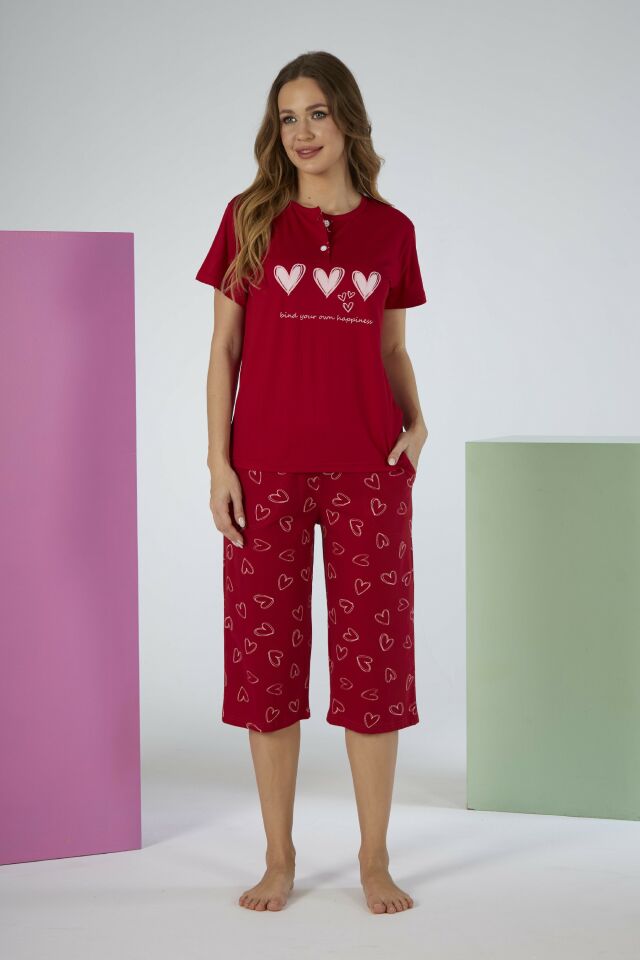 Kadın Yazlık Kalp Desenli Kısa Kollu Kaprili Penye Lycra Pijama Takımı XL - Kırmızı