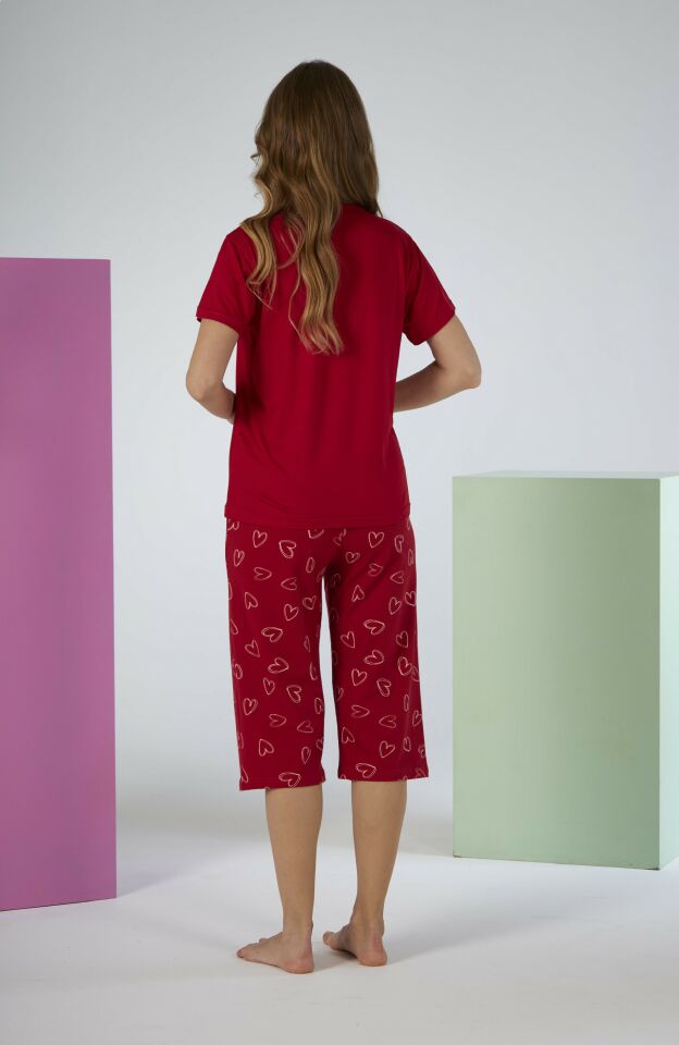 Kadın Yazlık Kalp Desenli Kısa Kollu Kaprili Penye Lycra Pijama Takımı XL - Kırmızı