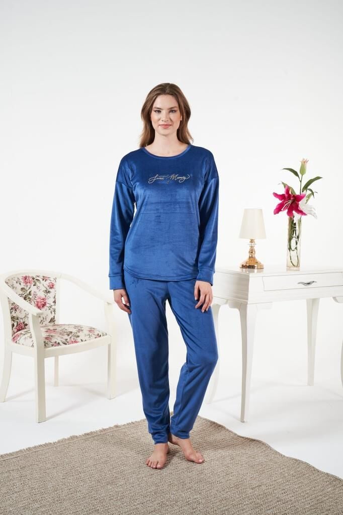 Kadın Kışlık Kadife Pijama Takımı XL - İNDİGO