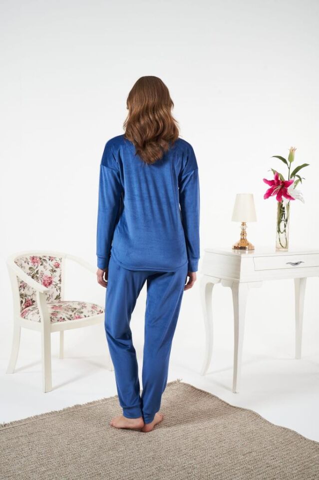 Kadın Kışlık Kadife Pijama Takımı XL - İNDİGO