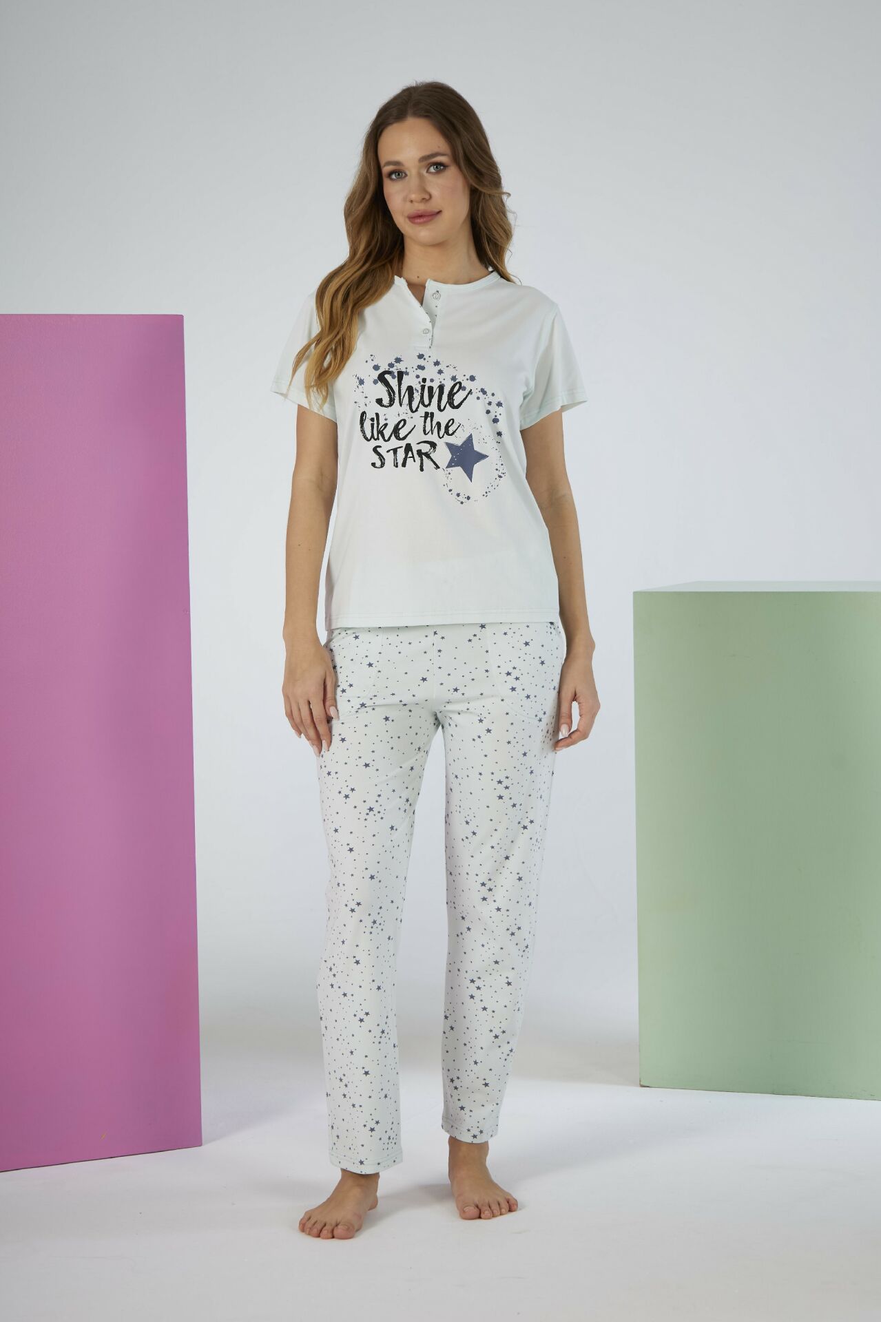 Kadın Yazlık Yıldızlı Kısa Kollu Penye Lycra Pijama Takımı S - MİNT