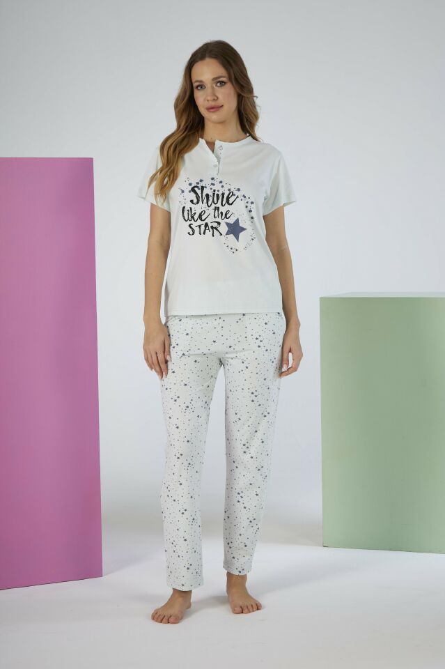 Kadın Yazlık Yıldızlı Kısa Kollu Penye Lycra Pijama Takımı S - MİNT