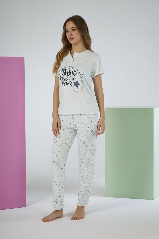 Kadın Yazlık Yıldızlı Kısa Kollu Penye Lycra Pijama Takımı M - MİNT