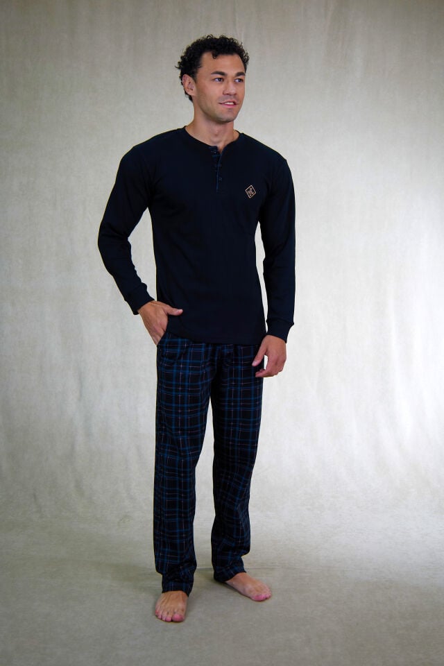 Estiva Erkek Kareli Siyah Patlı İnterlok Pijama Takımı