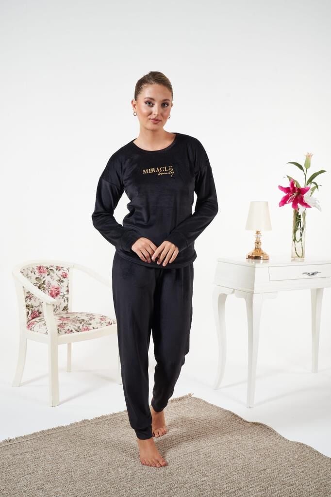 Kadın Kışlık Kadife Pijama Takımı Siyah - L