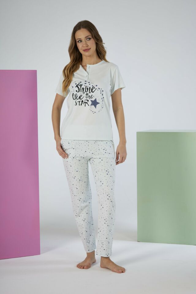 Kadın Yazlık Yıldızlı Kısa Kollu Penye Lycra Pijama Takımı L - MİNT