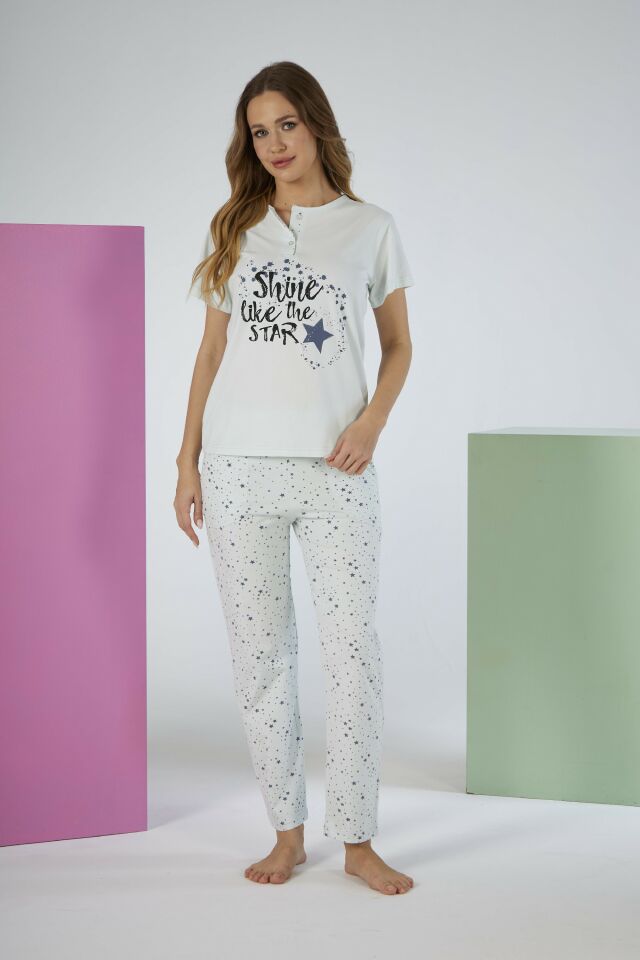 Kadın Yazlık Yıldızlı Kısa Kollu Penye Lycra Pijama Takımı XL - MİNT