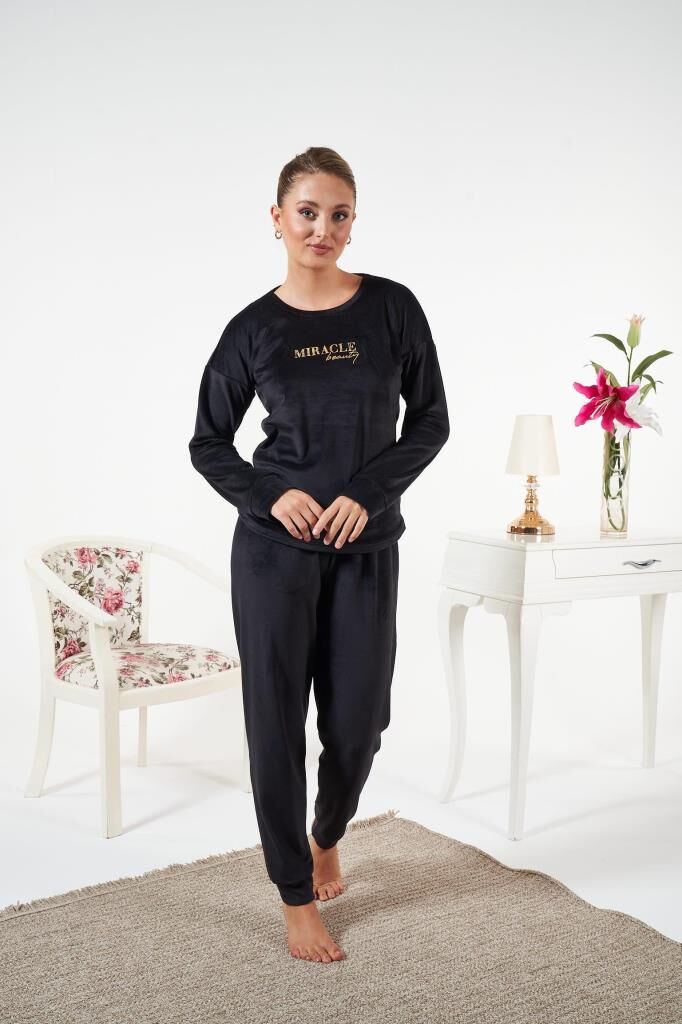 Kadın Kışlık Kadife Pijama Takımı Siyah - 2XL