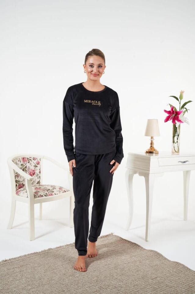 Kadın Kışlık Kadife Pijama Takımı Siyah - 2XL