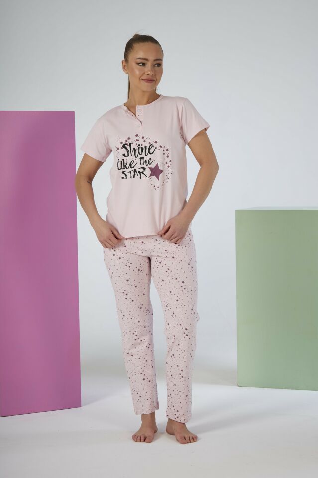 Kadın Yazlık Yıldızlı Kısa Kollu Penye Lycra Pijama Takımı S - Pudra