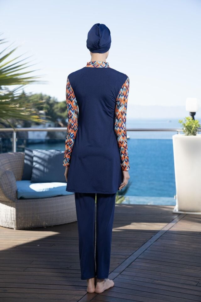 Estiva Kadın Tam Kapalı Yarım Fermuarlı Geometrik Desenli Tesettür Mayo Lacivert