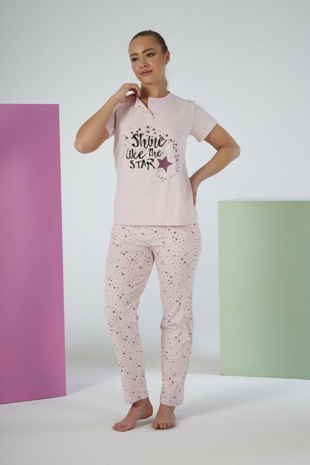 Kadın Yazlık Yıldızlı Kısa Kollu Penye Lycra Pijama Takımı M - Pudra