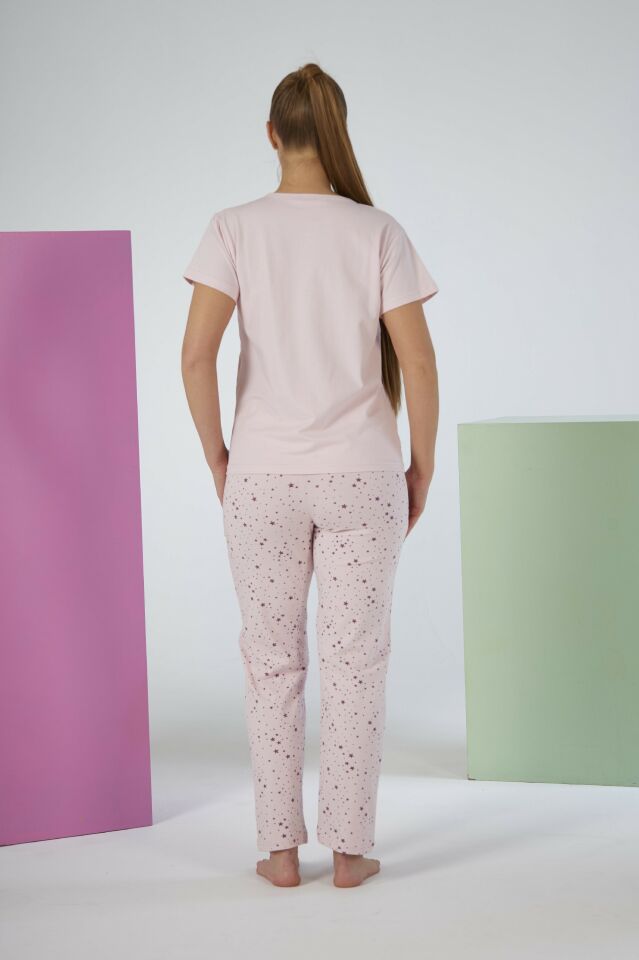 Kadın Yazlık Yıldızlı Kısa Kollu Penye Lycra Pijama Takımı M - Pudra