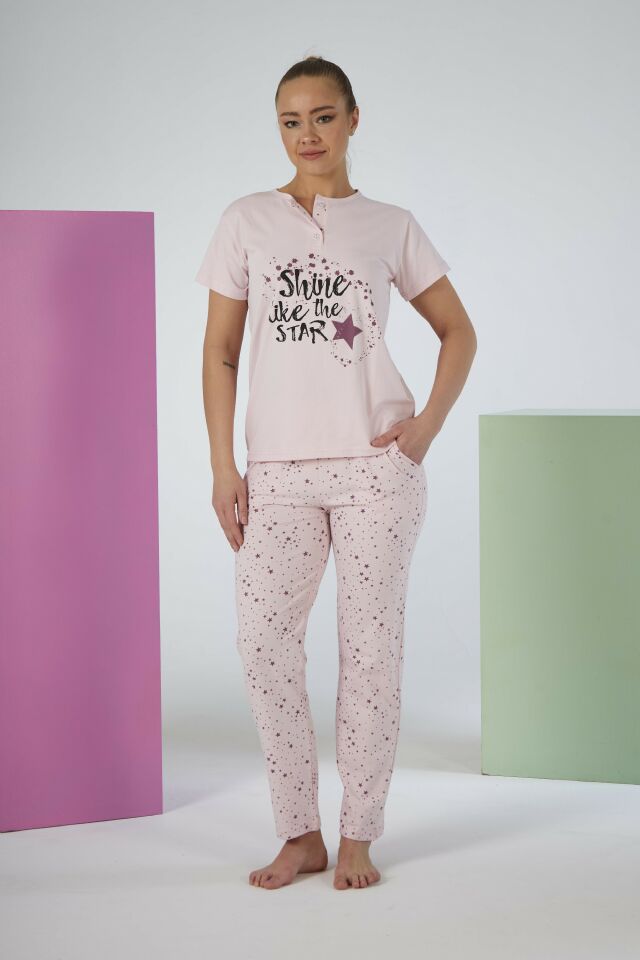 Kadın Yazlık Yıldızlı Kısa Kollu Penye Lycra Pijama Takımı L - Pudra