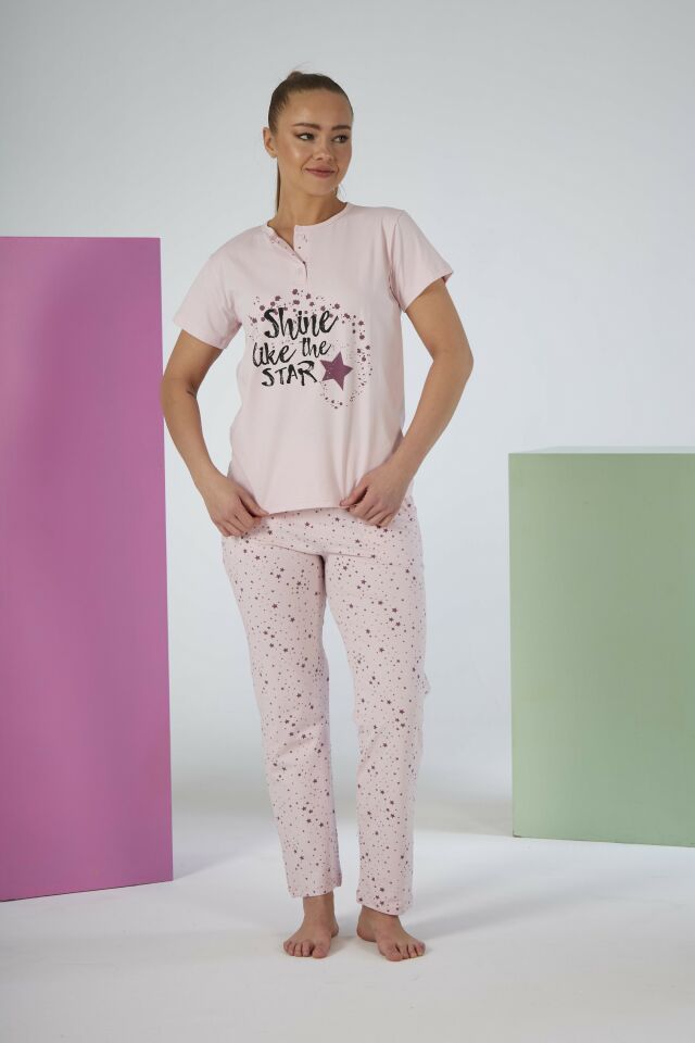 Kadın Yazlık Yıldızlı Kısa Kollu Penye Lycra Pijama Takımı L - Pudra