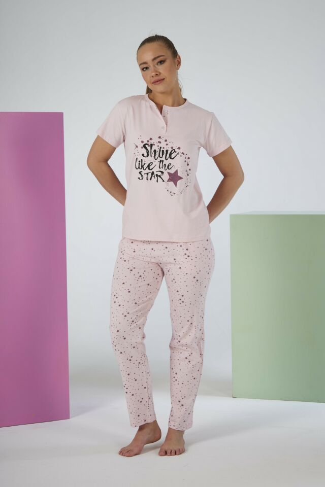 Kadın Yazlık Yıldızlı Kısa Kollu Penye Lycra Pijama Takımı L - Pudra