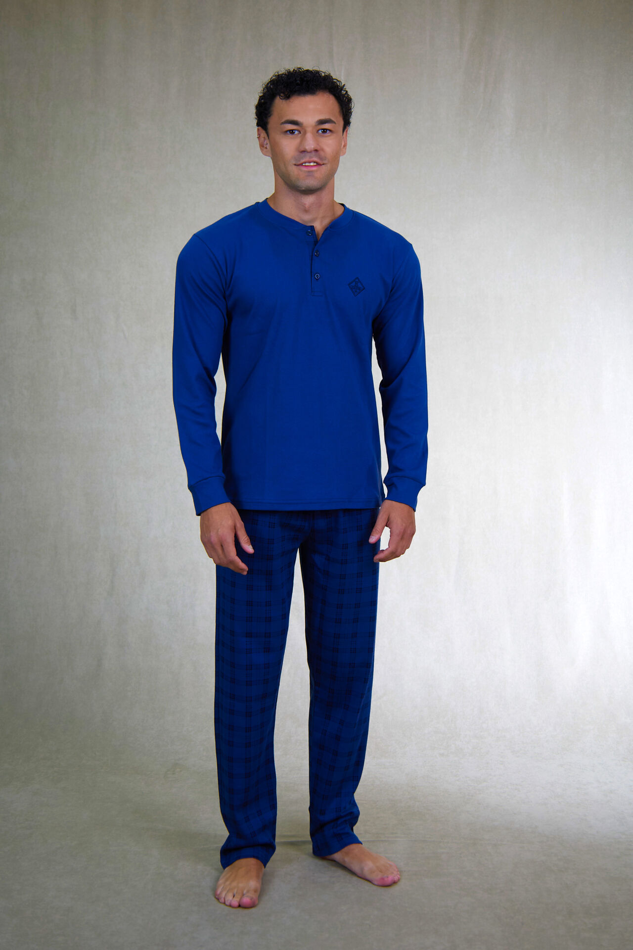 Estiva Erkek Kareli İndigo Patlı İnterlok Pijama Takımı