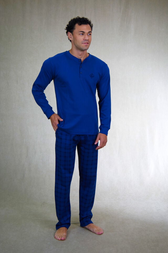 Estiva Erkek Kareli İndigo Patlı İnterlok Pijama Takımı alternatif görsel