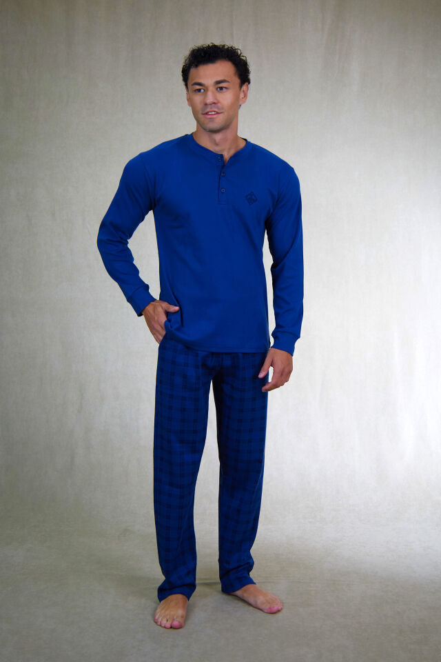Estiva Erkek Kareli İndigo Patlı İnterlok Pijama Takımı