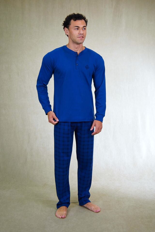Estiva Erkek Kareli İndigo Patlı İnterlok Pijama Takımı