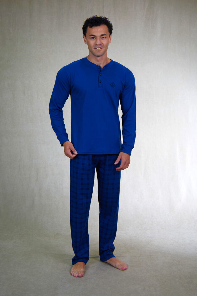 Estiva Erkek Kareli İndigo Patlı İnterlok Pijama Takımı