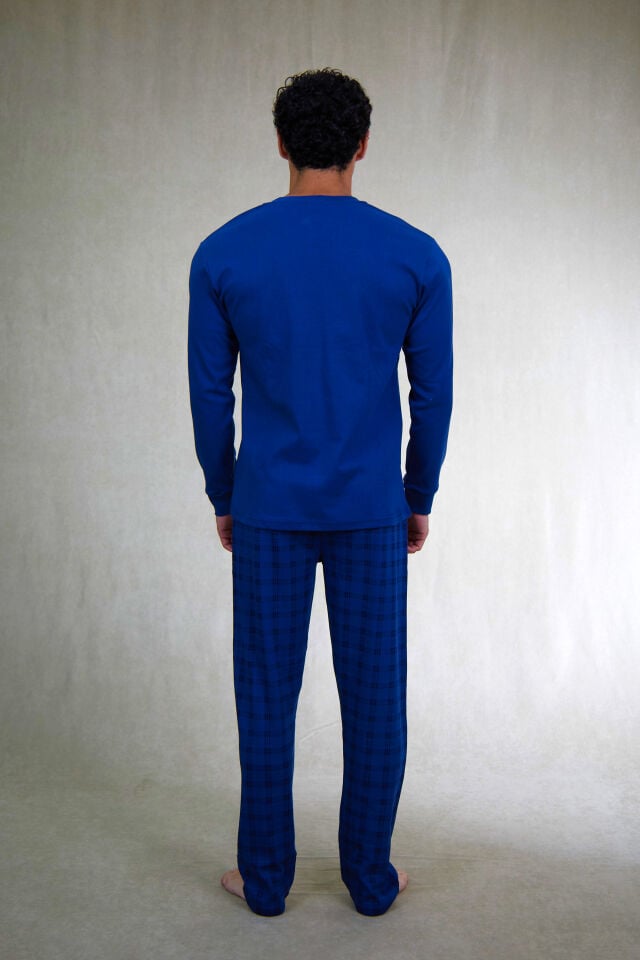 Estiva Erkek Kareli İndigo Patlı İnterlok Pijama Takımı