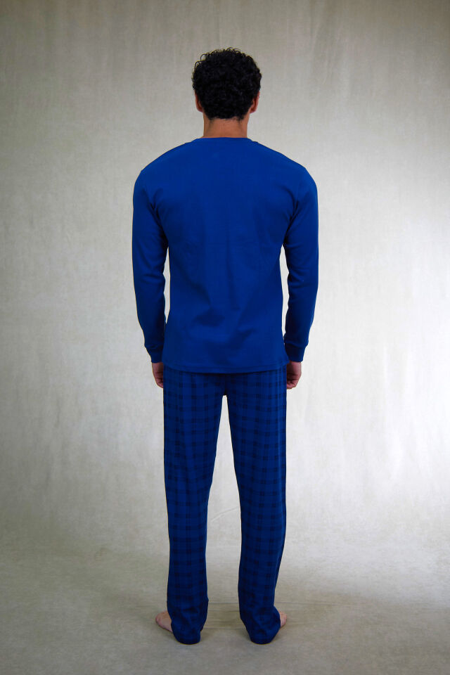 Estiva Erkek Kareli İndigo Patlı İnterlok Pijama Takımı