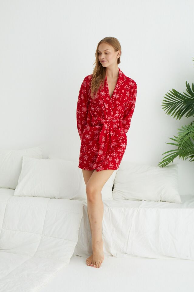 Kadın Kışlık Kar Desenli Cepli Polar Sabahlık M - Kırmızı