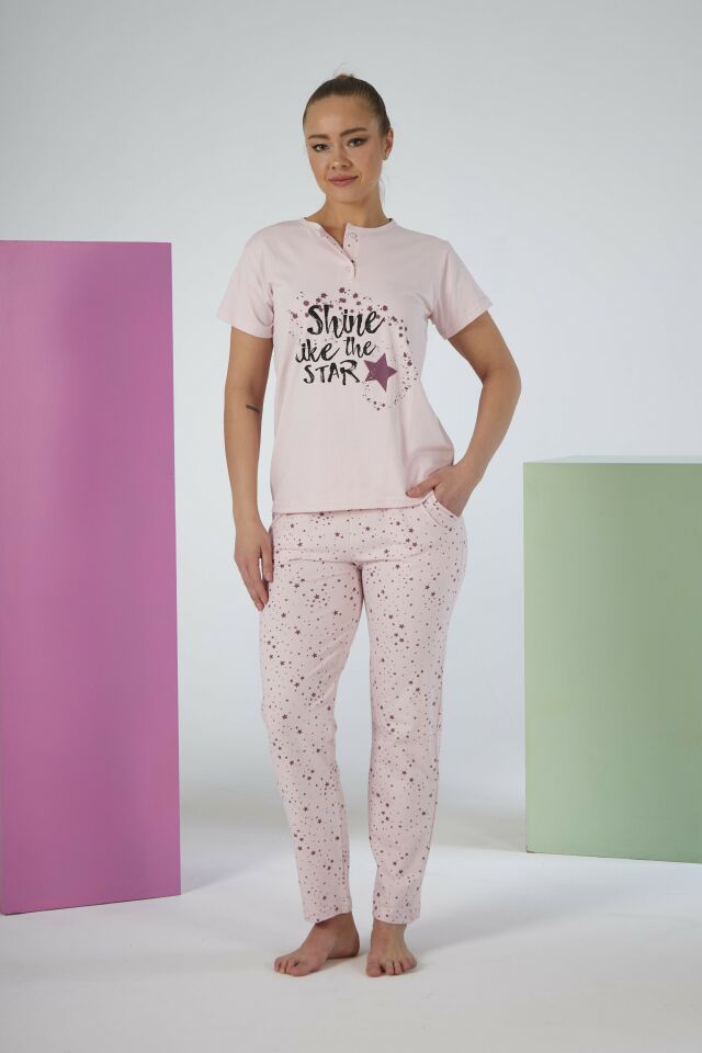 Kadın Yazlık Yıldızlı Kısa Kollu Penye Lycra Pijama Takımı XL - Pudra