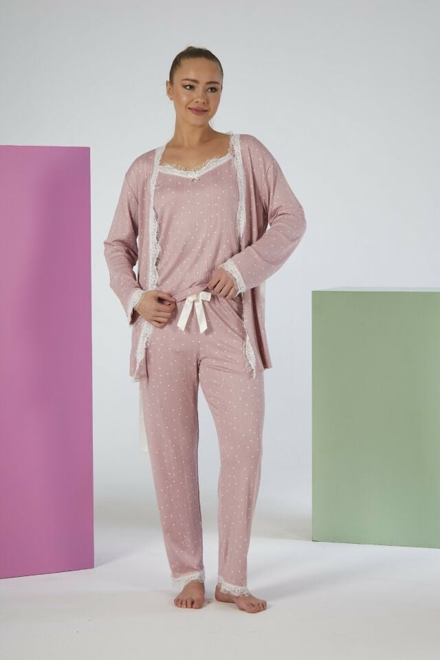 Kadın Yazlık Desenli 3 Parça Sabahlıklı İp Askılı Likra Viskon Pijama Takımı - Pudra
