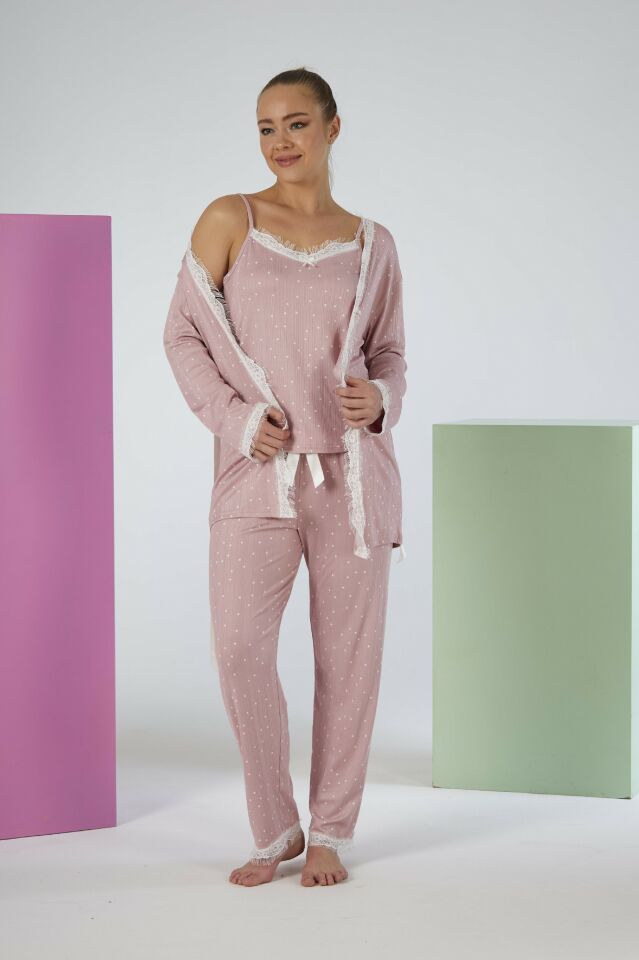 Kadın Yazlık Desenli 3 Parça Sabahlıklı İp Askılı Likra Viskon Pijama Takımı - Pudra