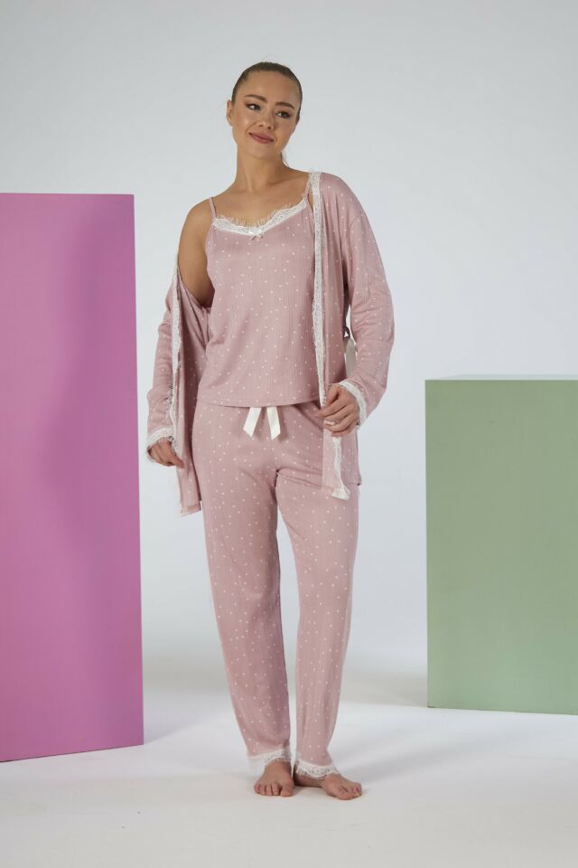 Kadın Yazlık Desenli 3 Parça Sabahlıklı İp Askılı Likra Viskon Pijama Takımı - Pudra