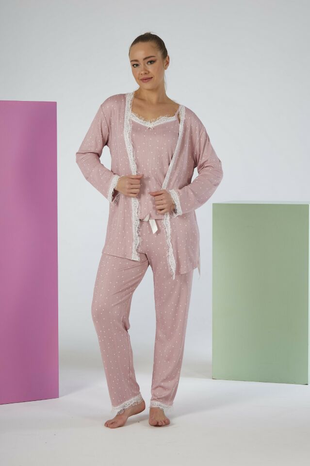 Kadın Yazlık Desenli 3 Parça Sabahlıklı İp Askılı Likra Viskon Pijama Takımı - Pudra