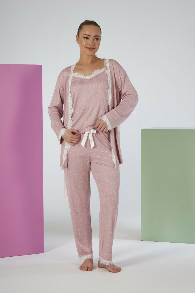 Kadın Yazlık Desenli 3 Parça Sabahlıklı İp Askılı Likra Viskon Pijama Takımı - Pudra