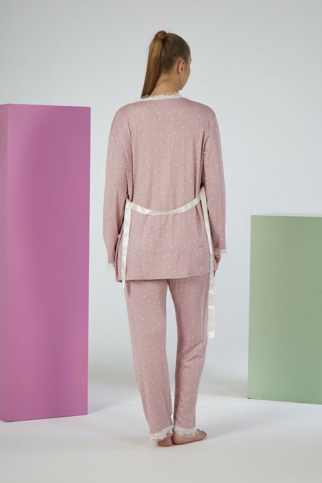 Kadın Yazlık Desenli 3 Parça Sabahlıklı İp Askılı Likra Viskon Pijama Takımı - Pudra