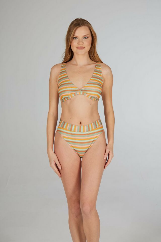 Estiva Kadın Çizgili Turuncu Yeşil Kemerli Kruvaze Bikini Takımı